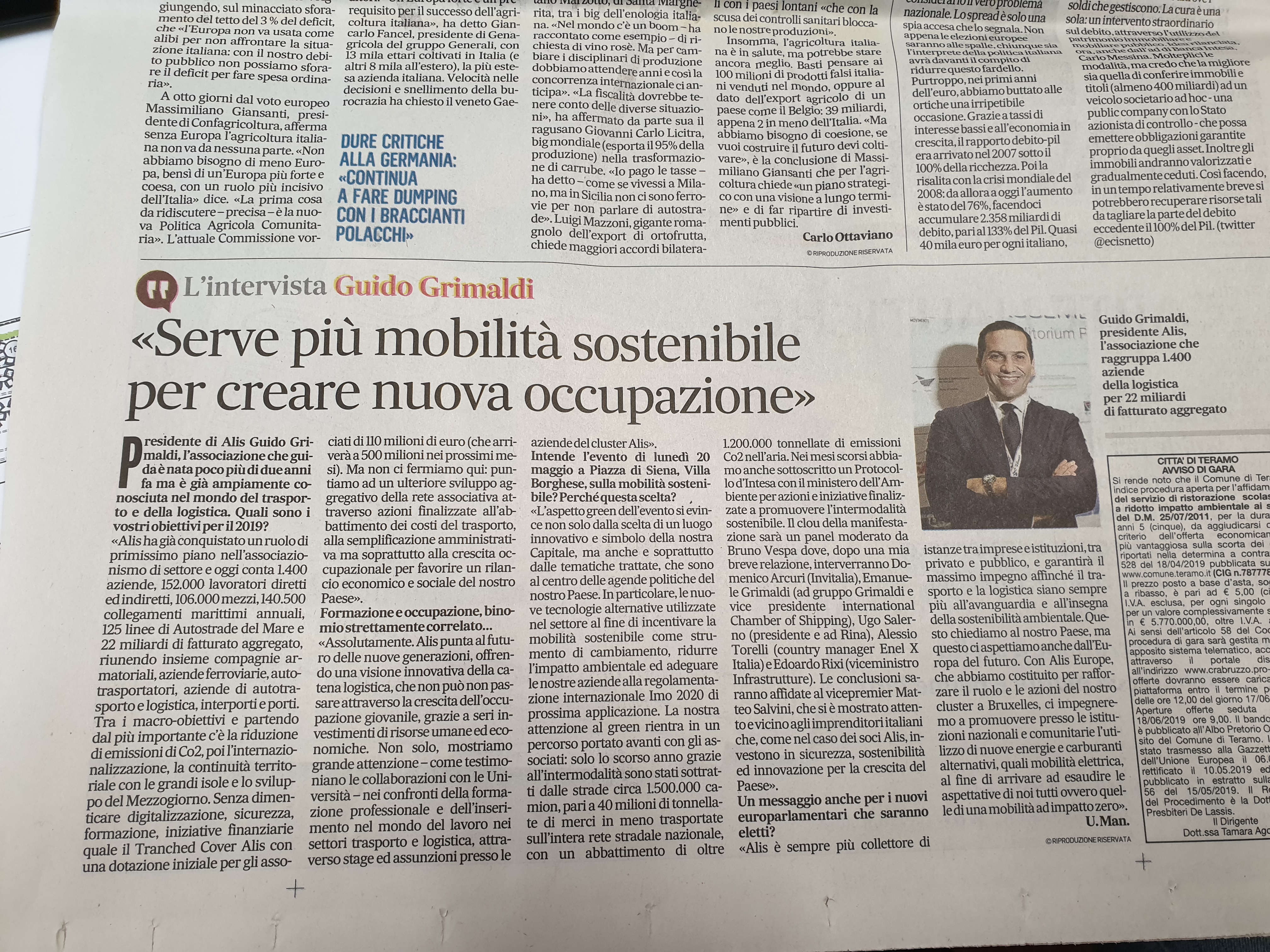 Intervista Presidente ALIS Guido Grimaldi per “Il Messaggero”